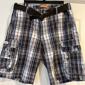 Lee Dungarees Cargo Shorts Mens 34 Brown Plaid 100% Cotton Baggy Wide-Leg